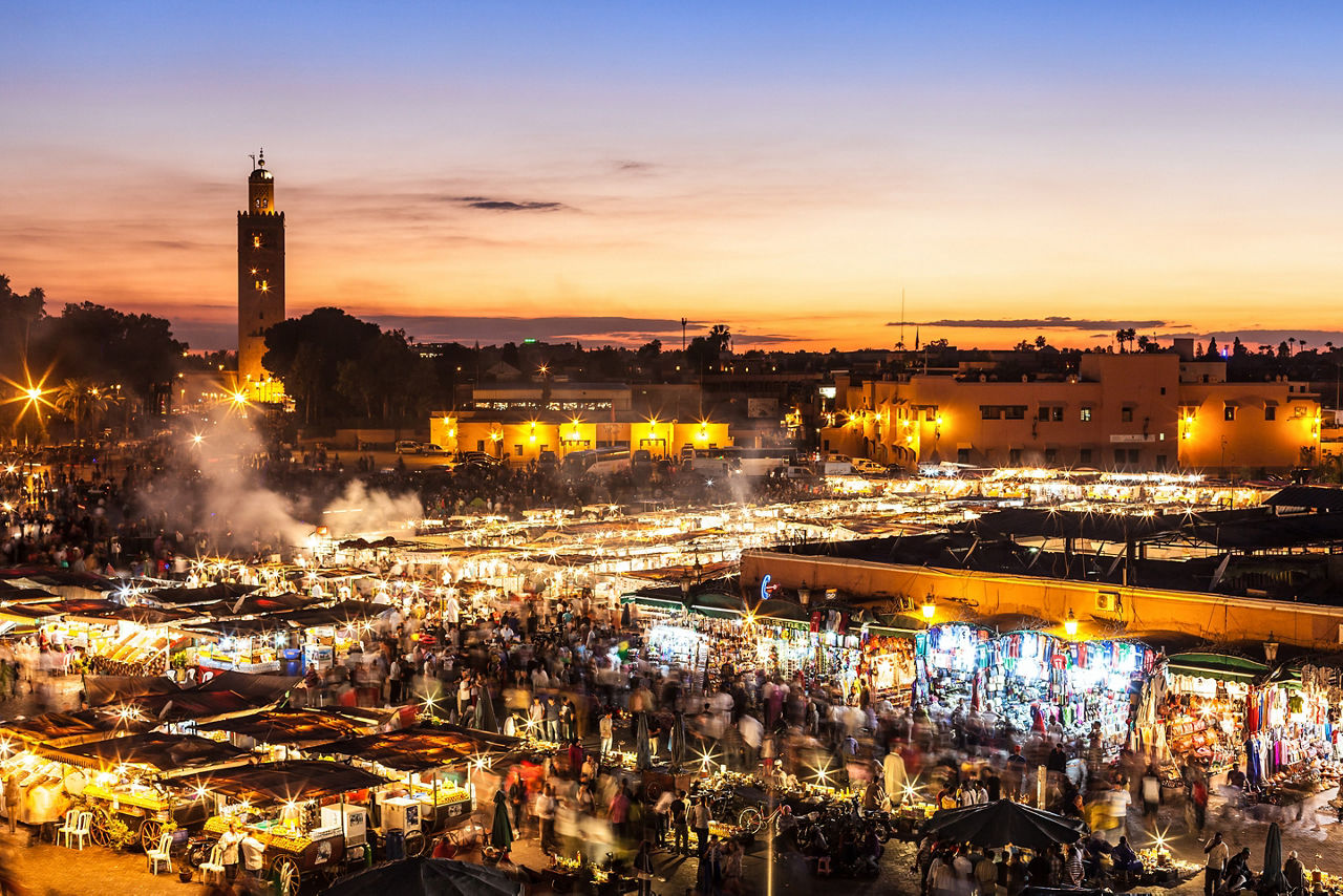 Aerial view of street markets in Marrakesh. Morocco