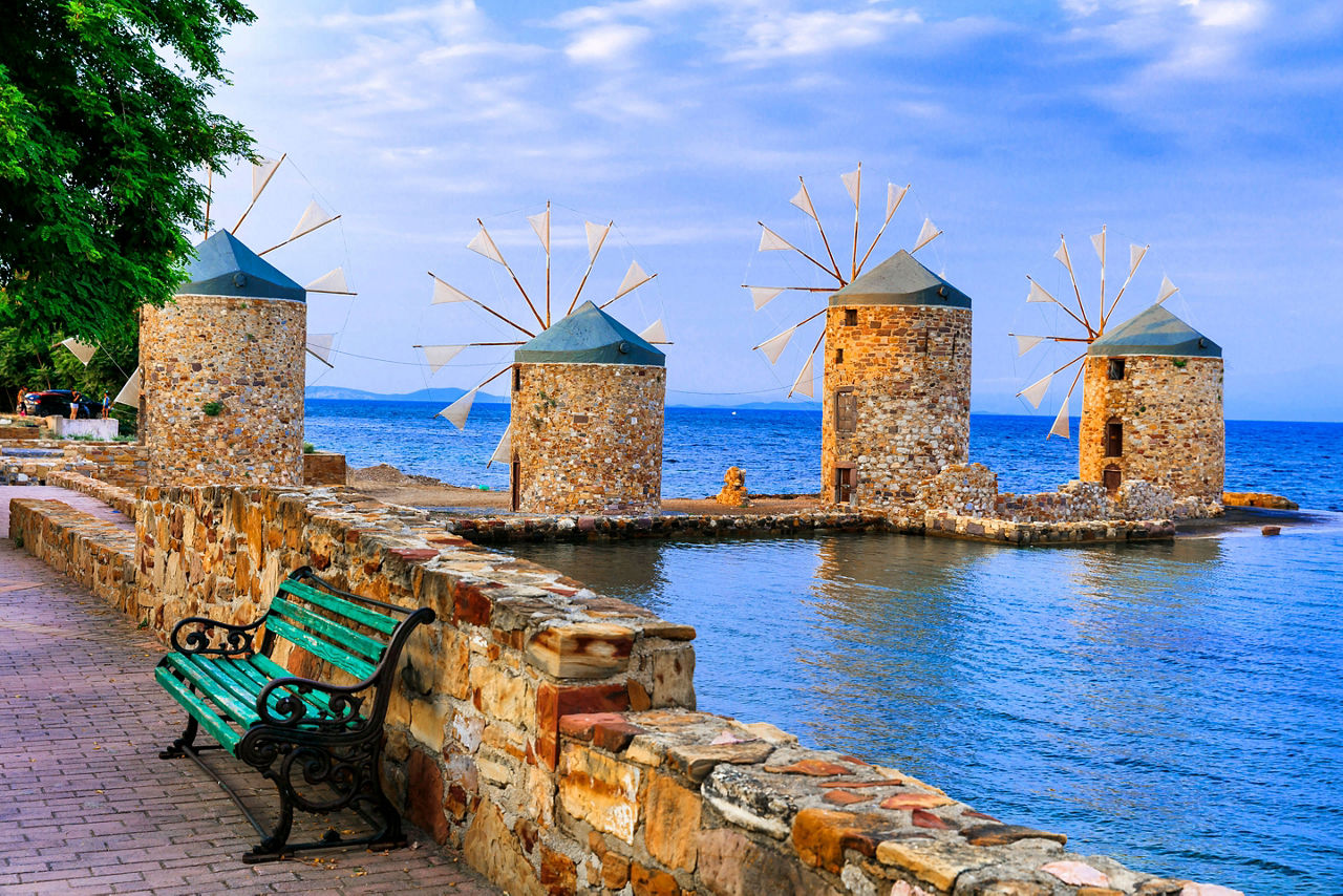 Old windmills on the coast of Chios, Greece