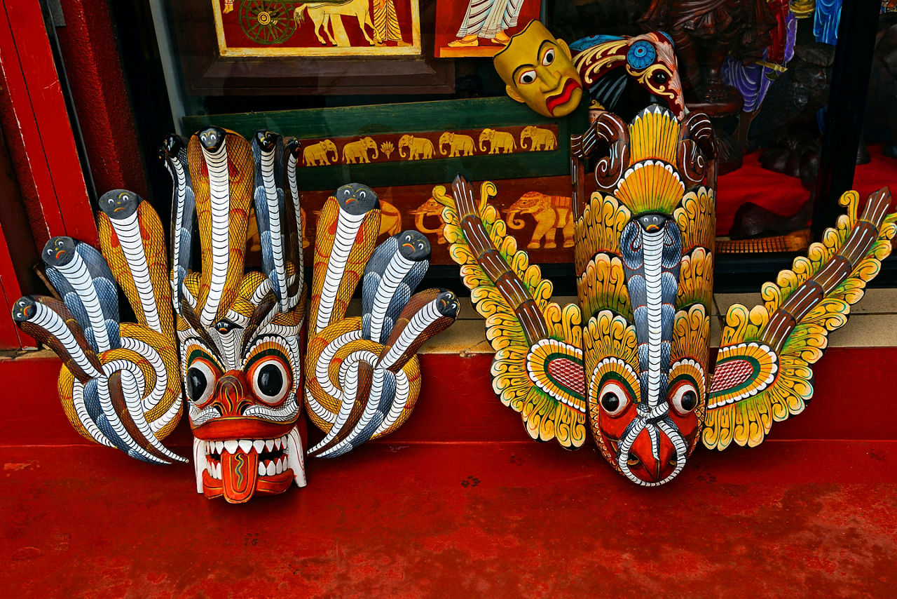 Colorful Raksha masks are one of countless treasures you can find in vibrant Pettah Market.