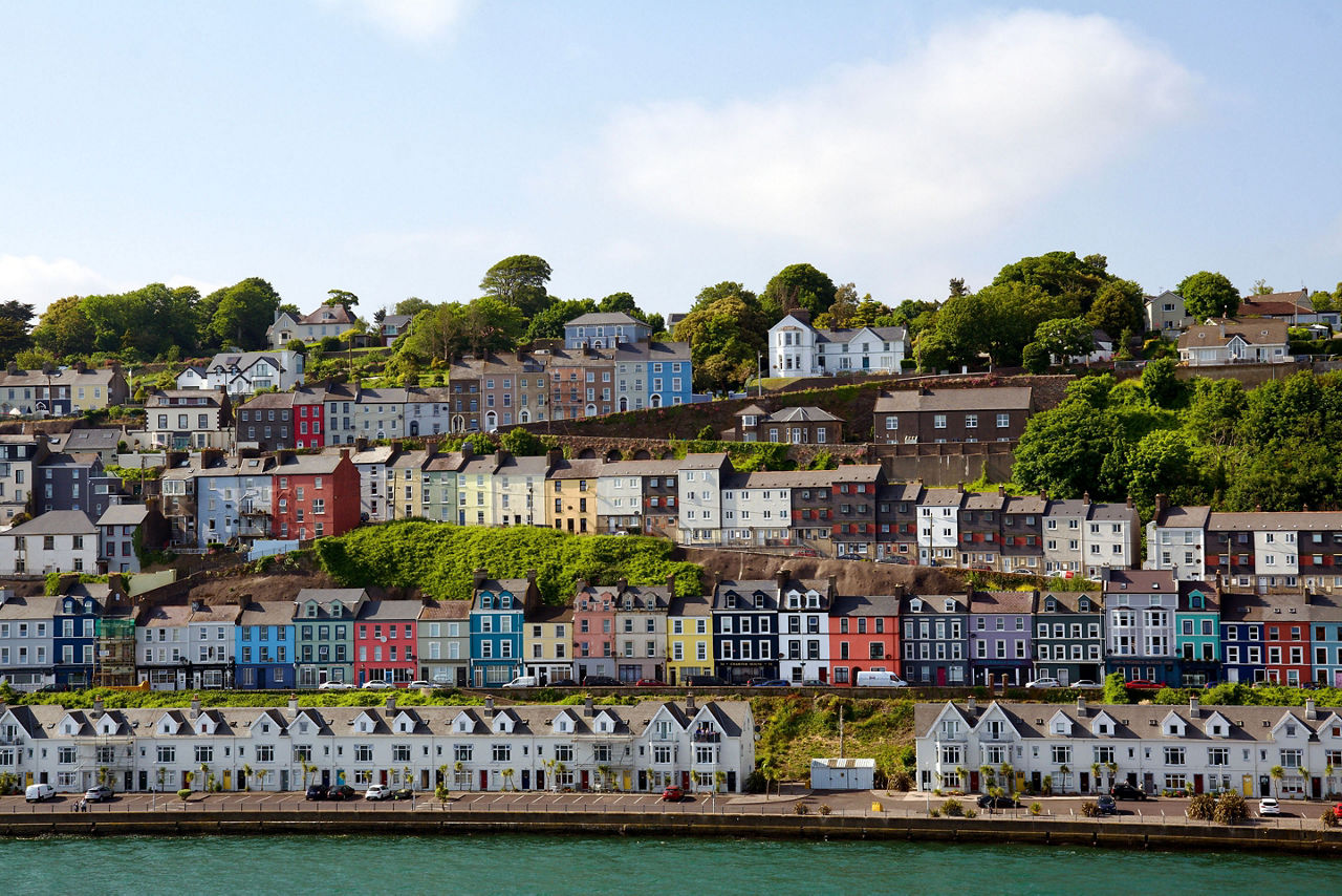 View of the colorful houses of Ringaskiddy Ireland from seaside.