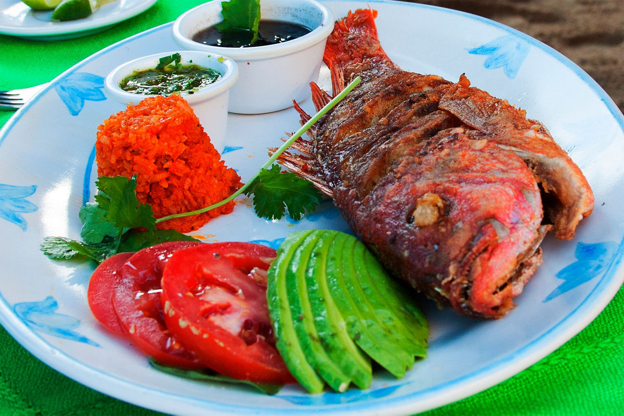 Fried Red Snapper with tomato rice and beans. Mexico.