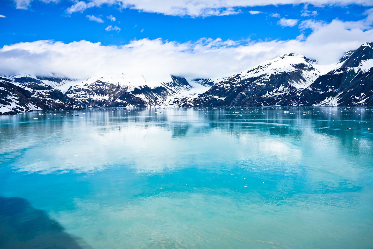 Glacier Bay’s towering snow‑covered mountains rise above calm blue water dotted with floating ice. - Glacier Bay National Park, Alaska