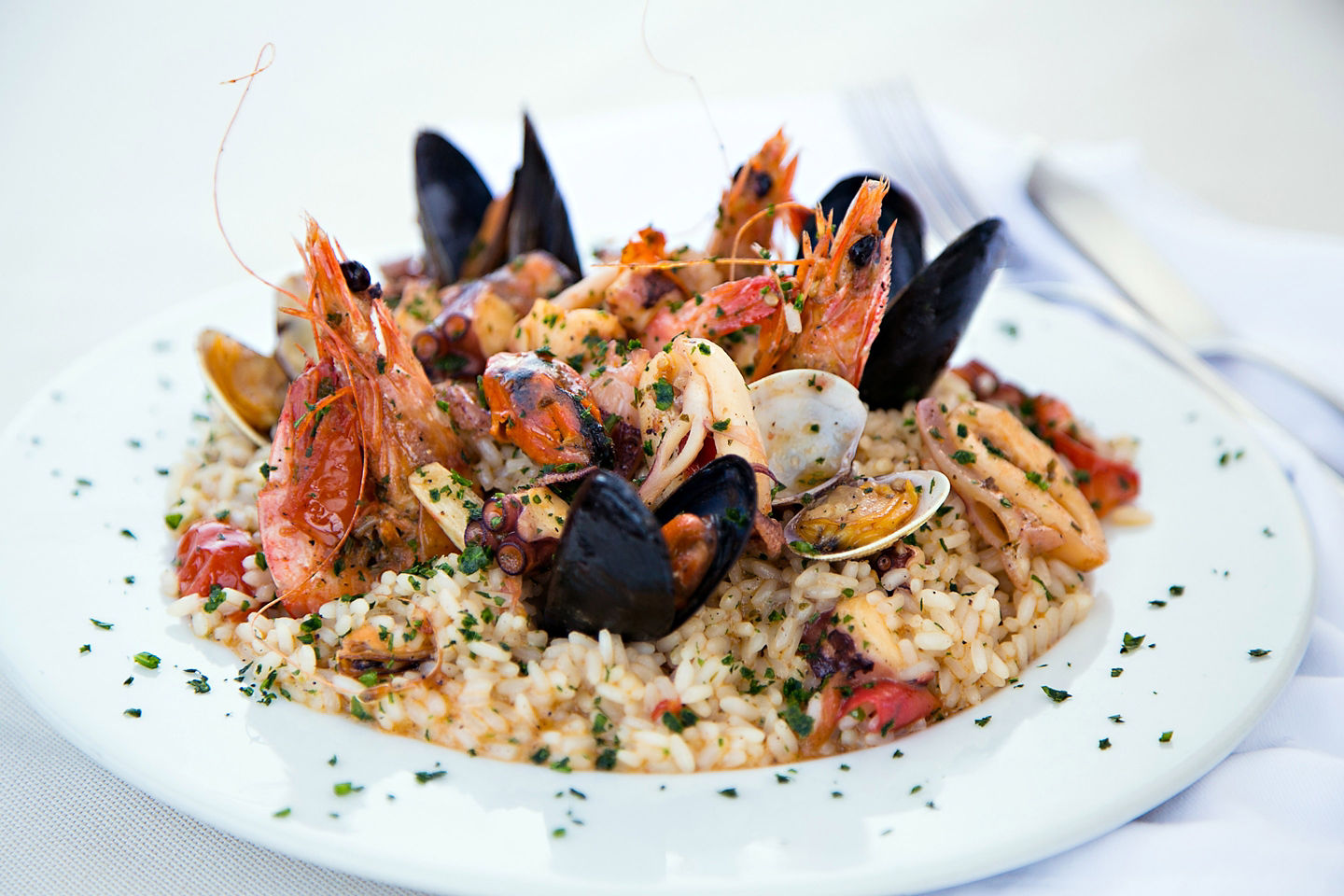 Shrimp and mussels rest over creamy Slovenian risotto, garnished with herbs and bright seasoning. - Koper, Slovenia