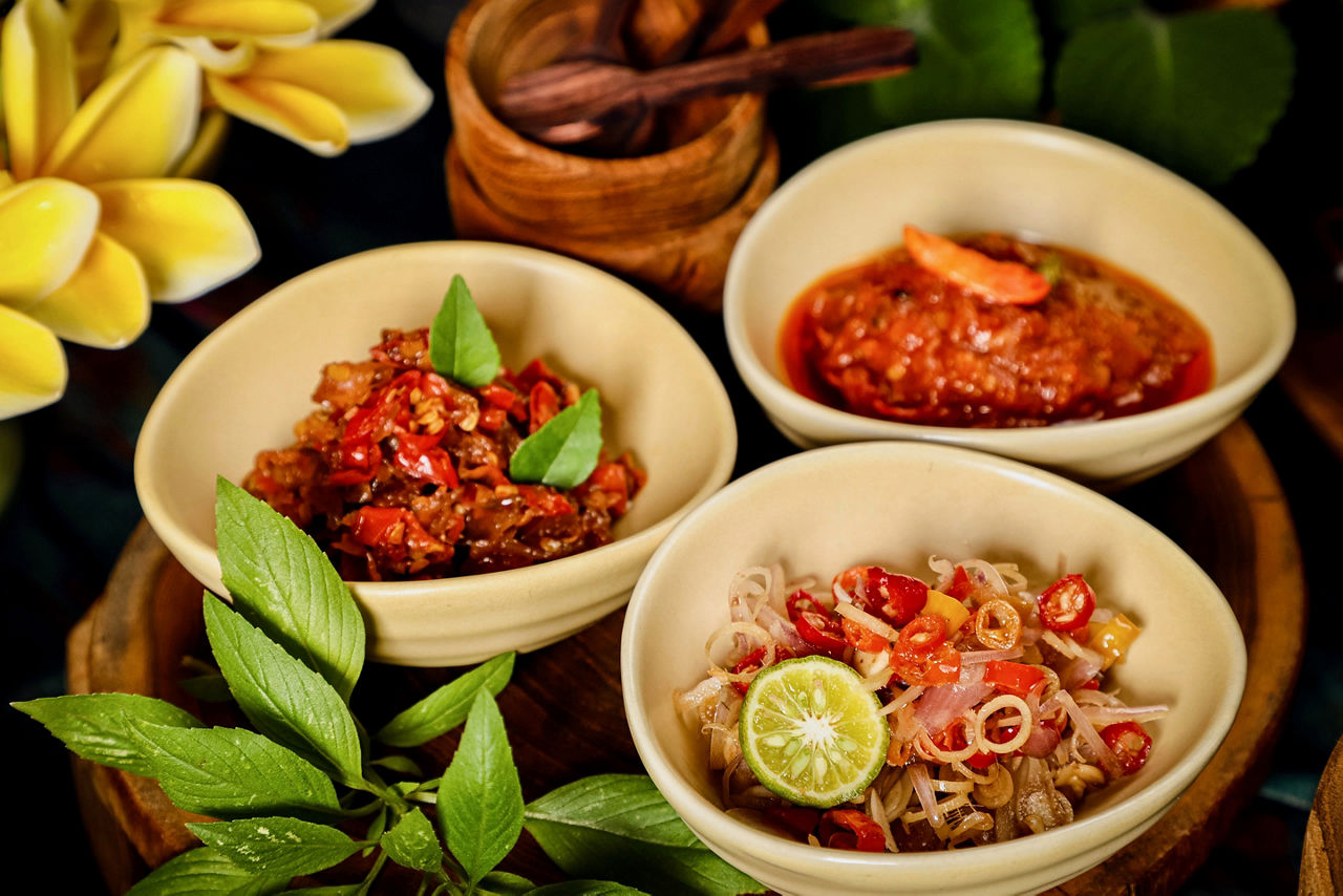 Three Balinese spicy condiments of Sambal Plecing