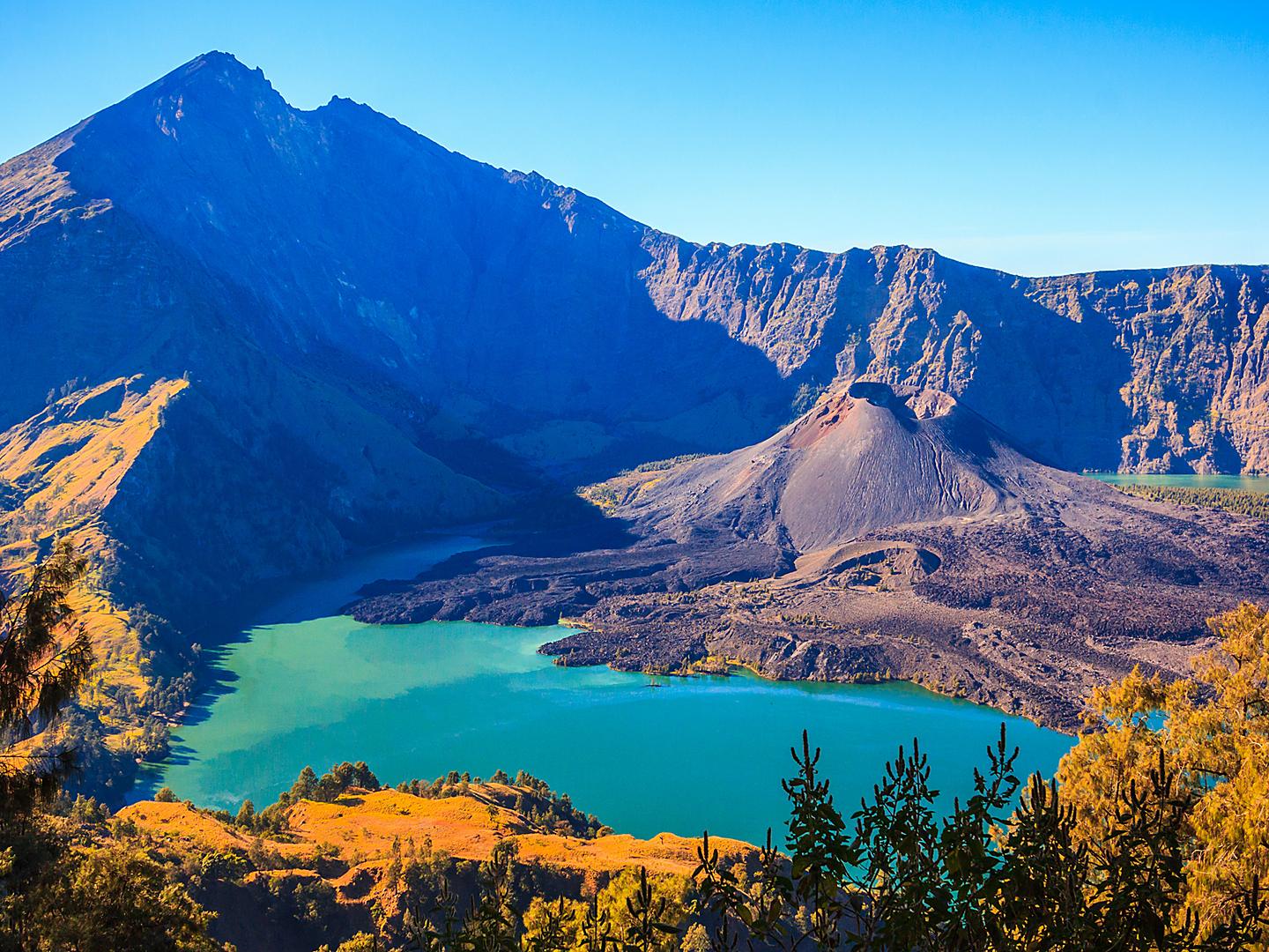 Tropical panorama view of volcano mountain Rinjani of Indonesia