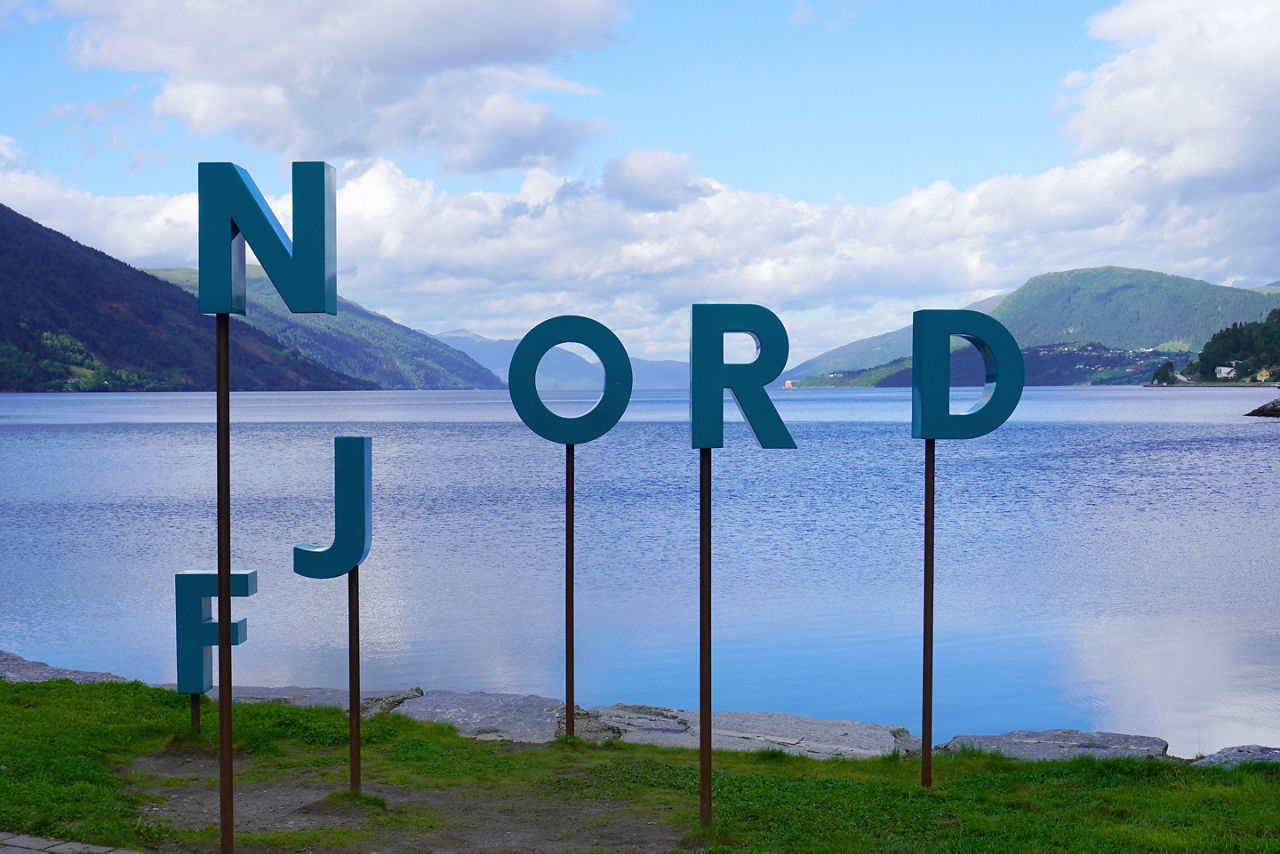 Letters in Nordfjordeid on the shore of Nordfjord in Norway