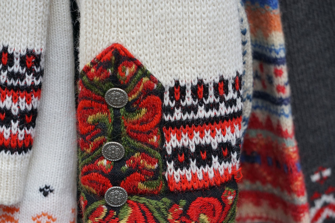 Traditional Scandinavian Motifs. Wool Sweaters on The Market.