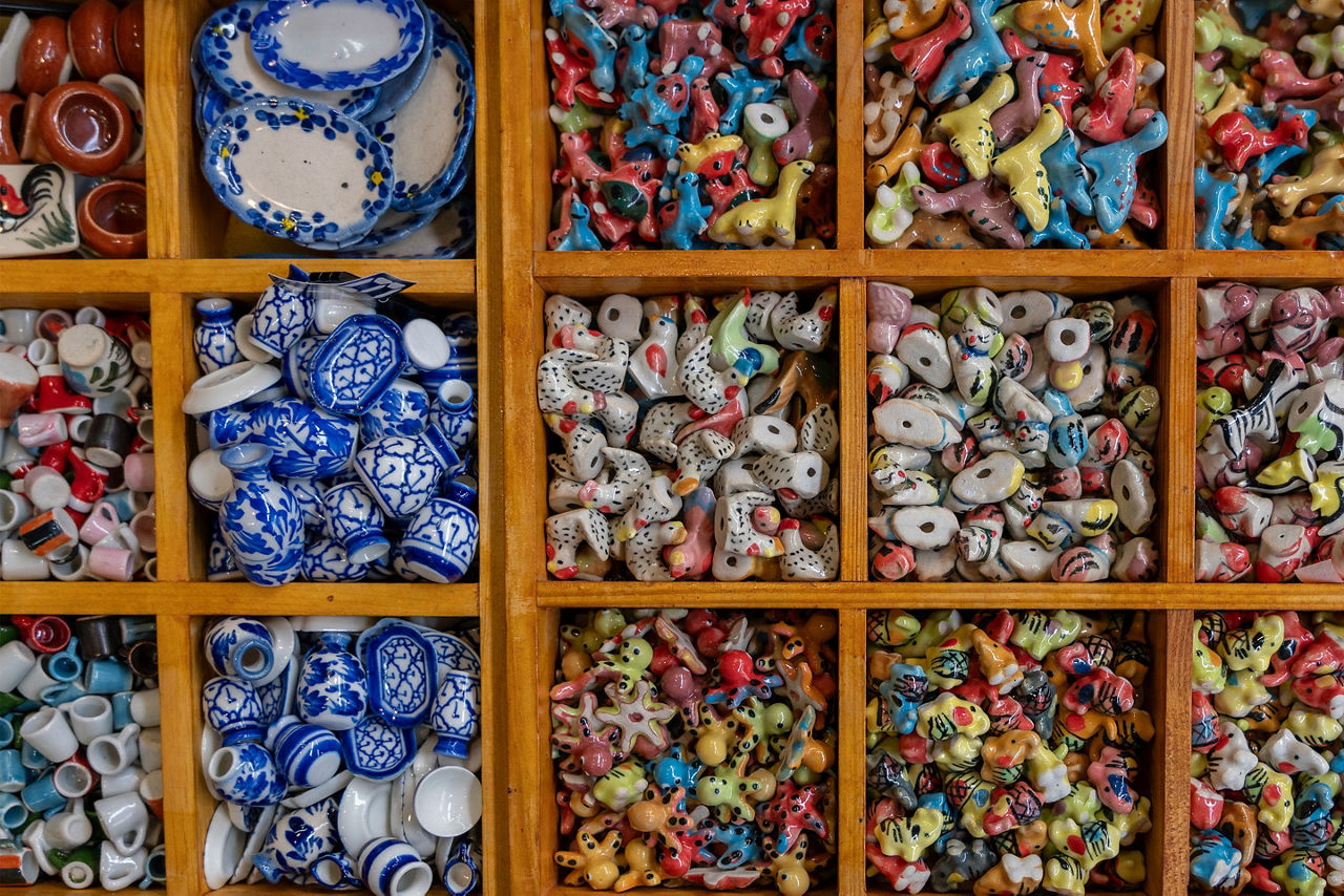 Miniature Ceramic Souvenirs at Roadside Market, Phuket Old Town, Thailand 