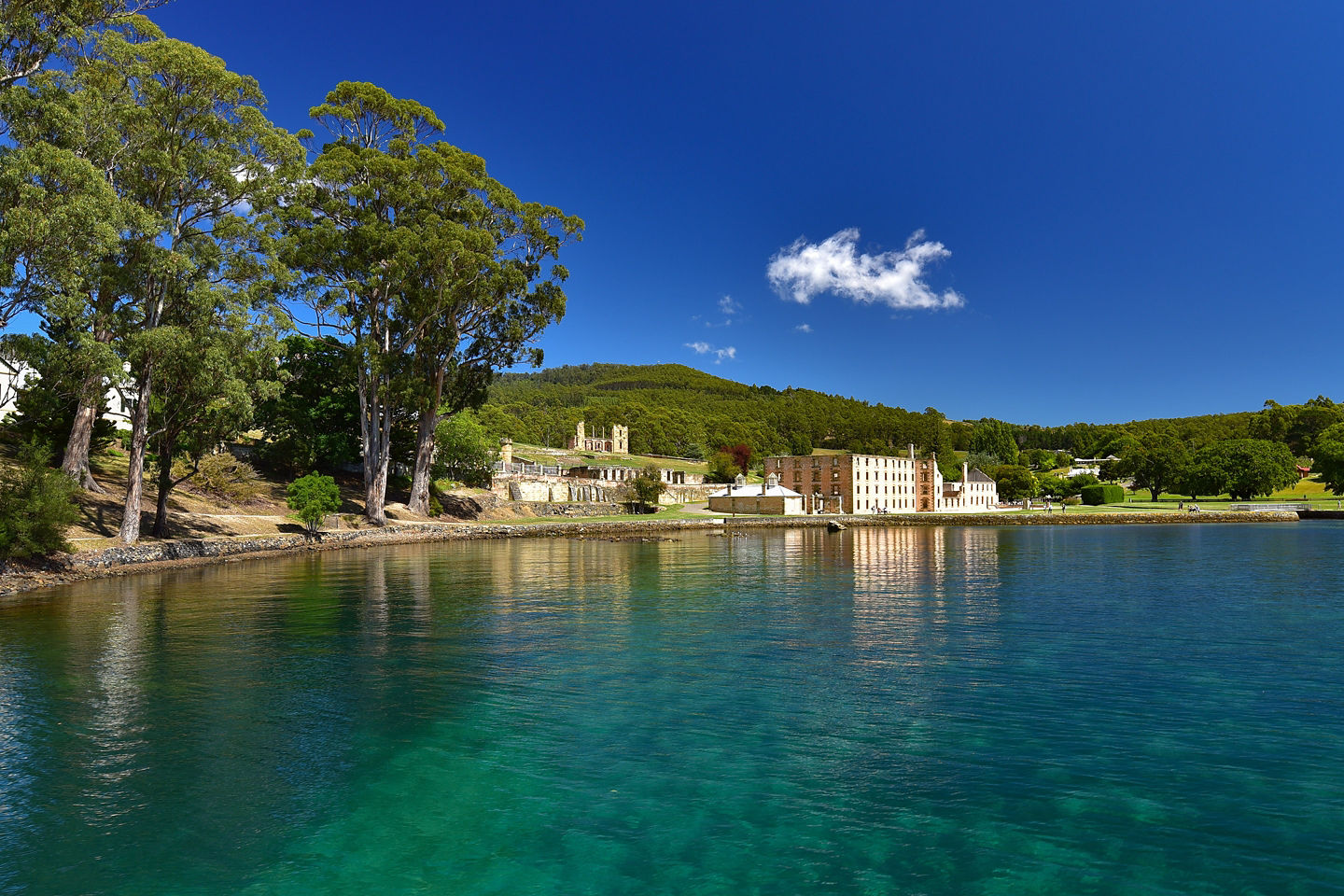 Calm Port Arthur harbor surrounded by green hills under soft daylight. - Hobart, Tasmania