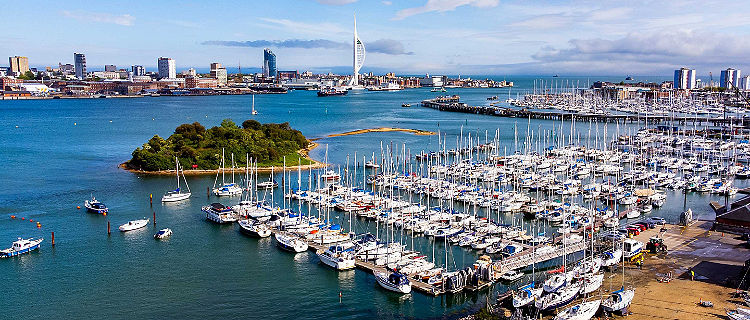 Aerial view of a marina in Portsmouth, England