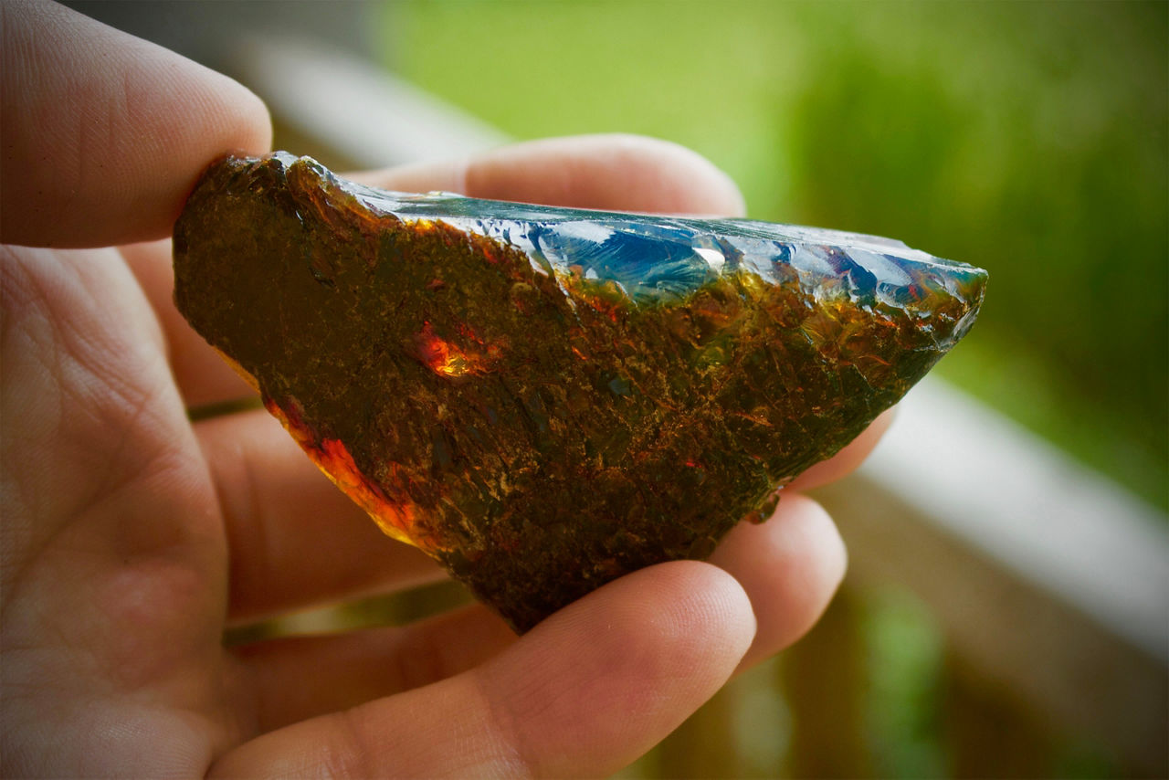 Close-up of a piece of blue Dominican amber 