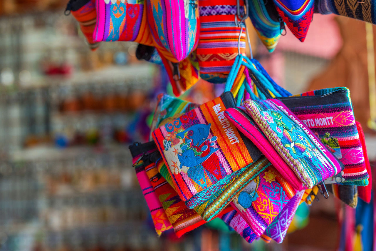 Multicolored wallets in the store, Puerto Montt, Chile