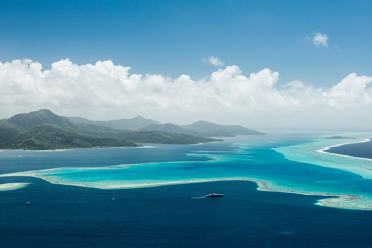 Aerial view on lagoon of Raiatea island in French Polynesia