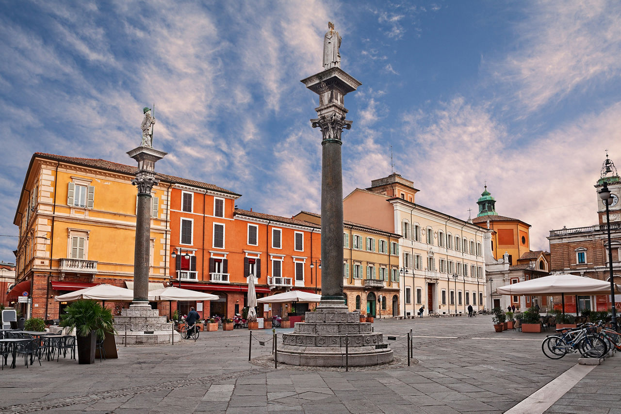Famous town square Piazza del Popolo with historic Palazzetto Veneziano in the historic city center of Ravenna, Emilia-Romagna, Italy