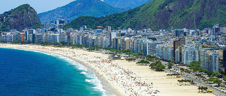 Tropical view of Copacabana Beach with city skyline of Rio de Janeiro Brazil aerial view
