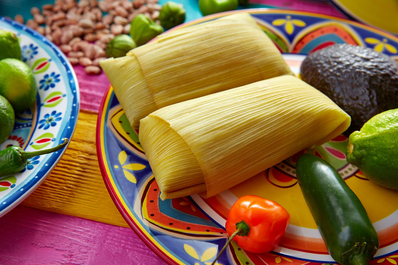 Two corn tamales on a colorful plate