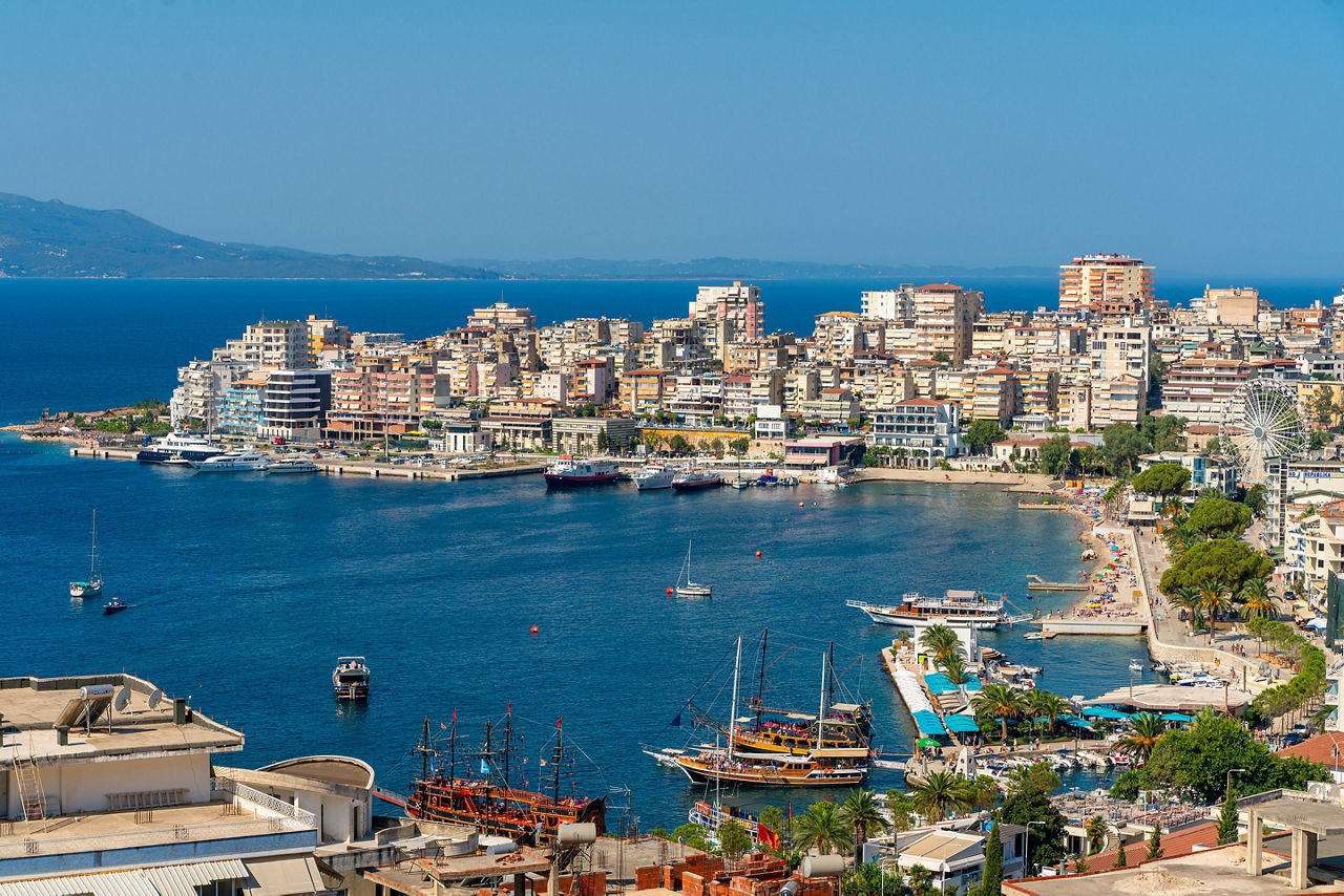 Saranda's city view ionian sea. Bright morning scene of Albania, Europe. Traveling concept background.