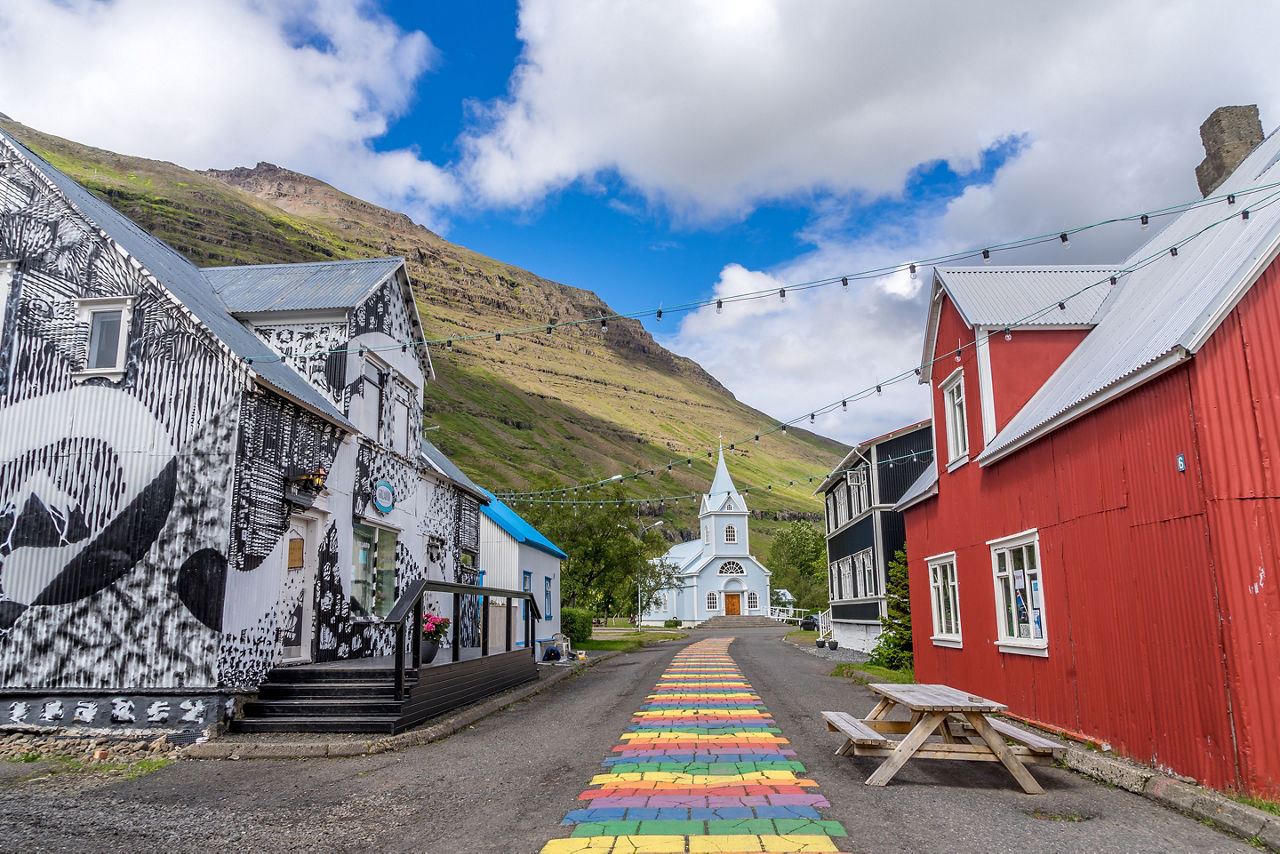 Rainbow street at Seydisfjordur on Iceland