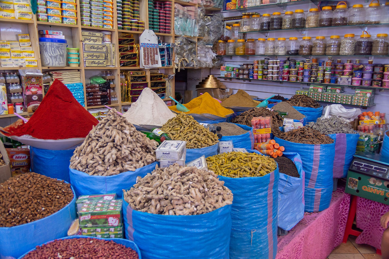 traditional shop selling species, in a harmony colores, raw and organic products. 