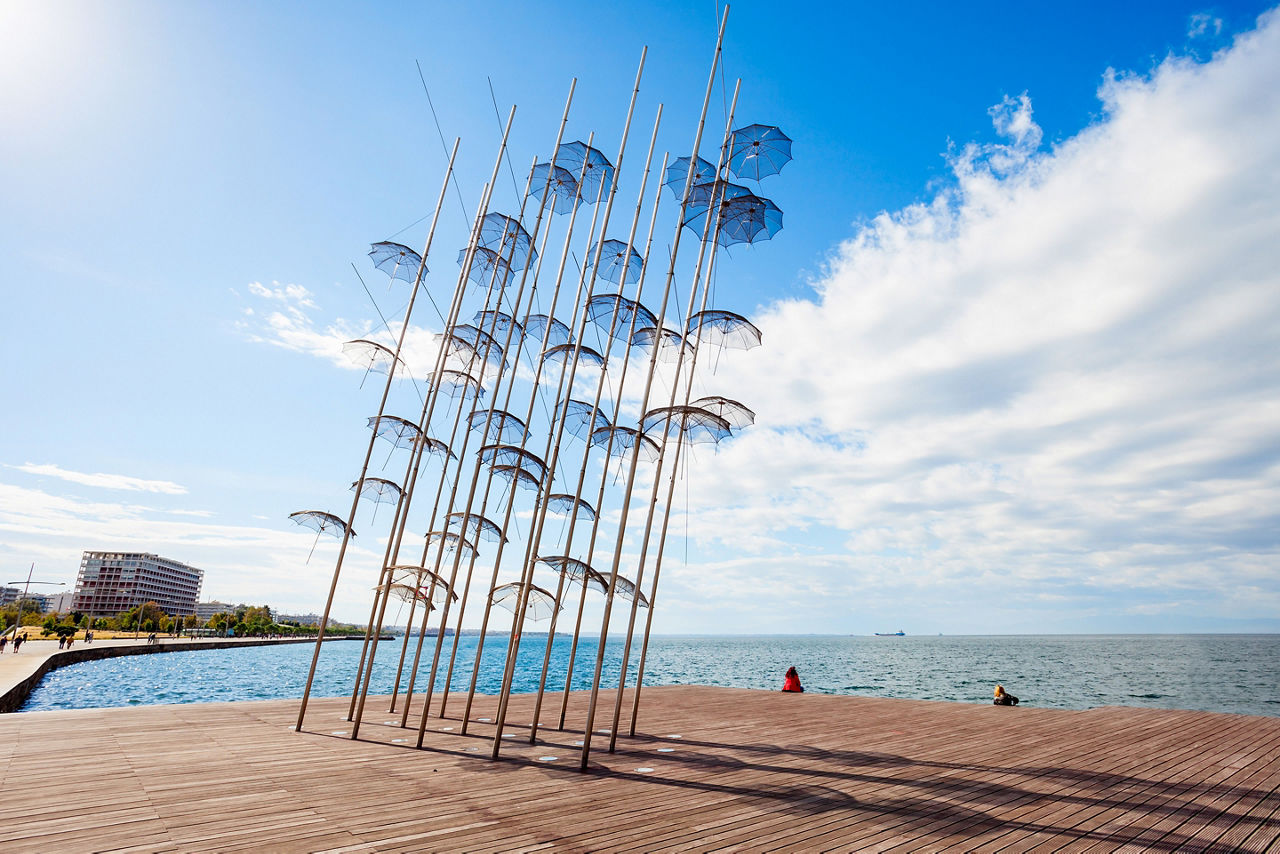 The sculpture Umbrellas by George Zongolopoulos are located at the New Beach in Thessaloniki, Greece
