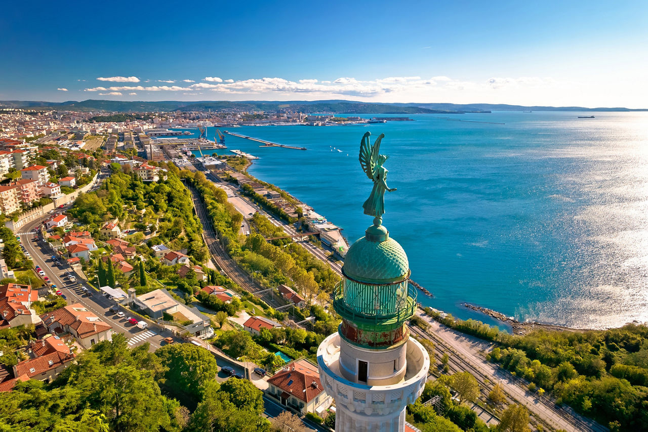   Trieste lighthouse Phare de la Victoire and cityscape panoramic aerial view