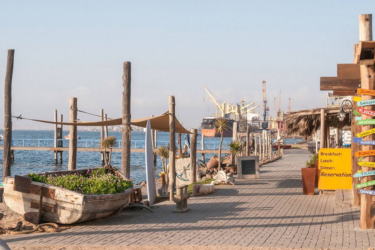 View of the waterfront in Walvis Bay with the harbor in the back