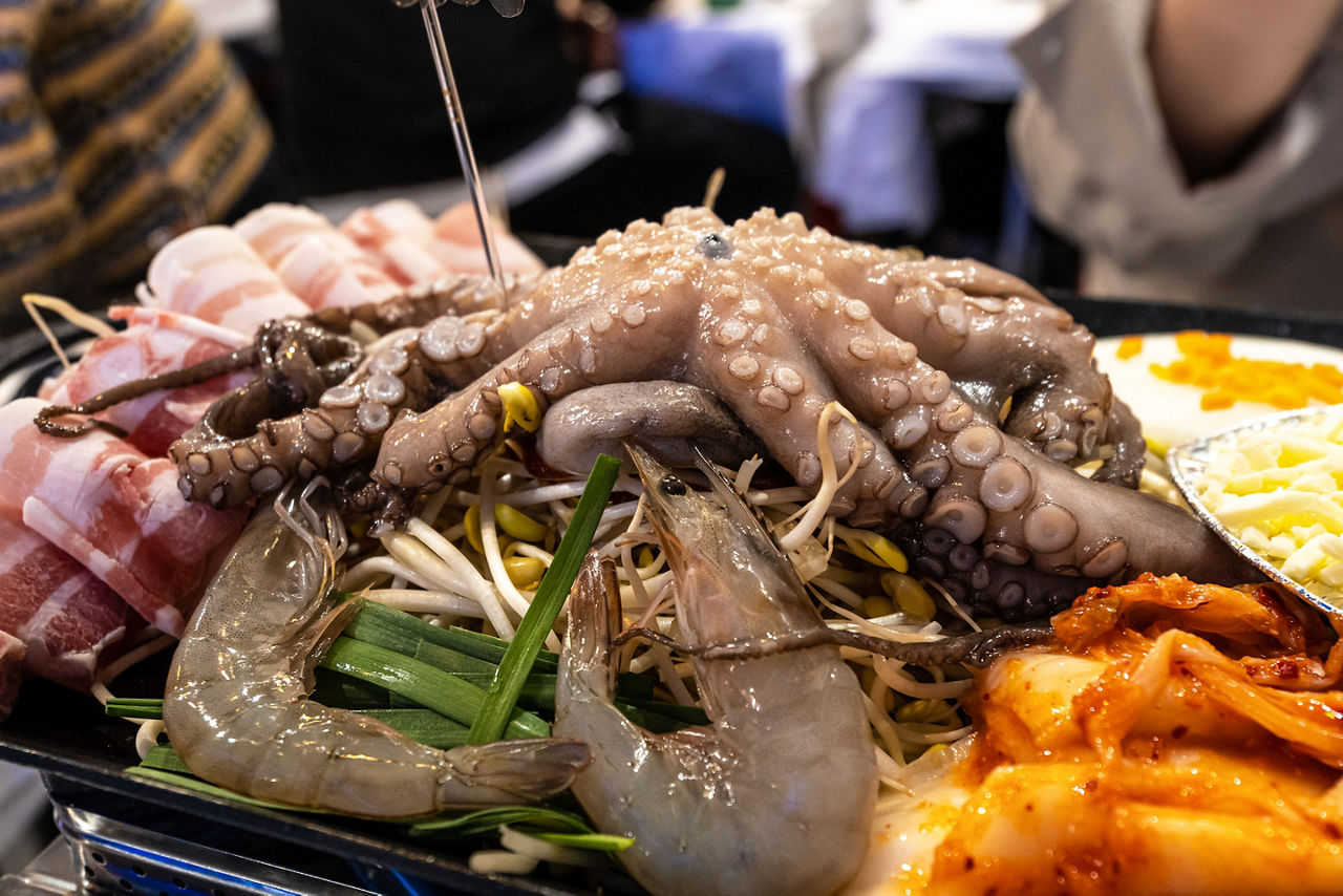 Yeosu samhap (octopus, shrimp, pork belly) hotpot served in Nangman Pocha street.