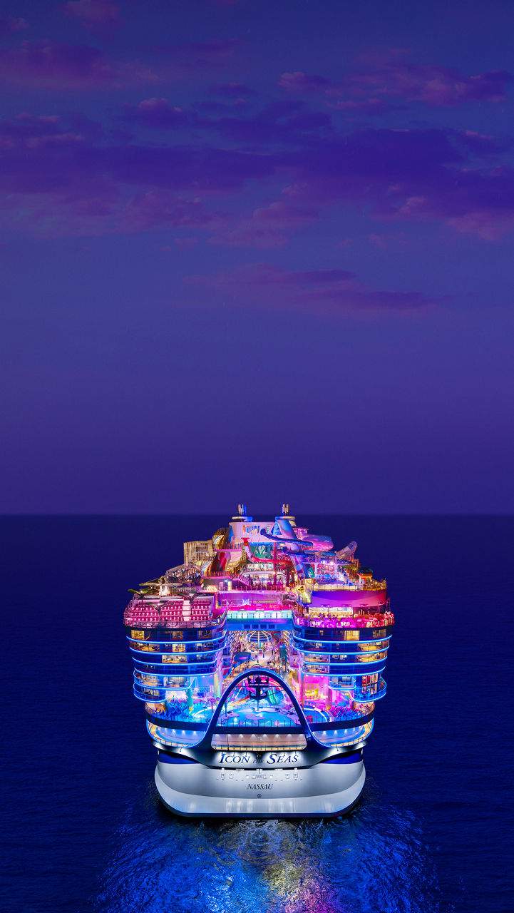 may caribbean cruise deals icon of the seas night back aerial view poster 608 1080