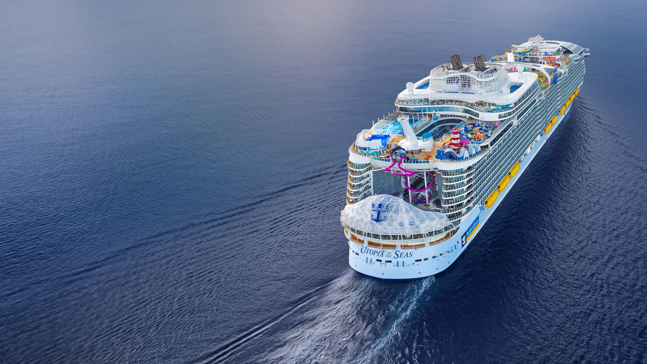 Back aerial view of Utopia of the Seas at Daytime