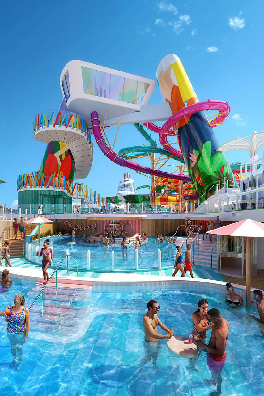 Guests at Hideaway Pool lounging, render