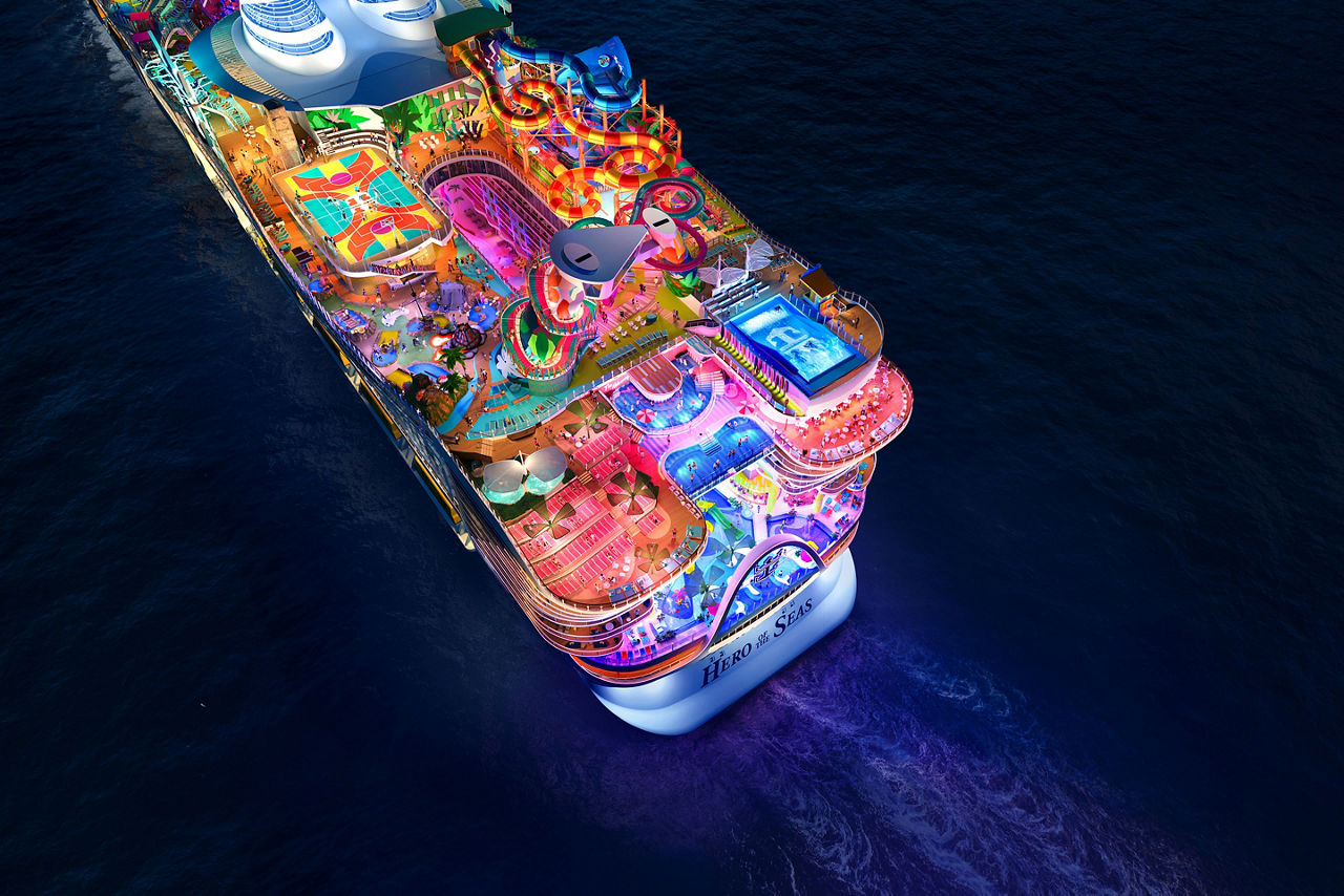 Hero of the Seas aft, night shot render