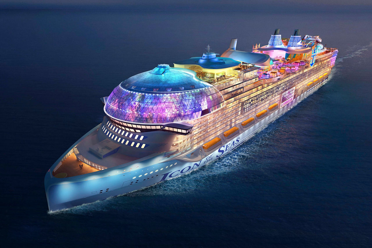 Icon of the Seas Aerial Bow Angle Render