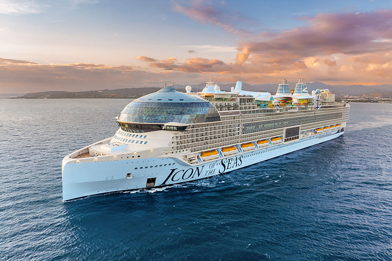 Icon of the Seas aerial drone shot, forward aerial at sunset