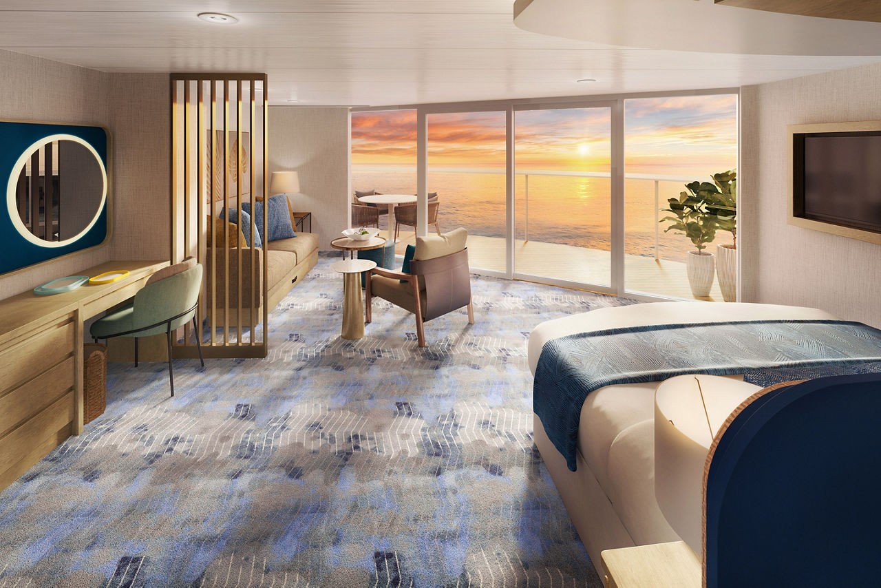 Icon of the Seas Sunset Corner Suite Bedroom Render