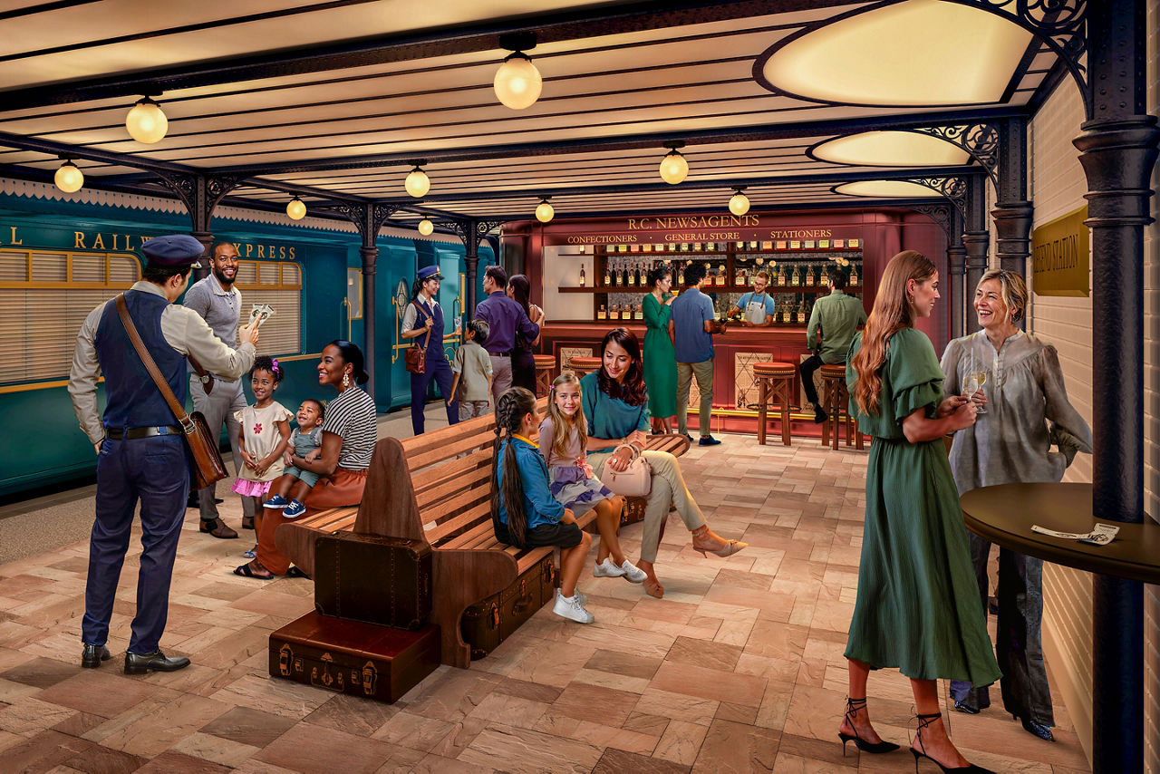 Guests having fun at Royal Railway - Legend Station, render