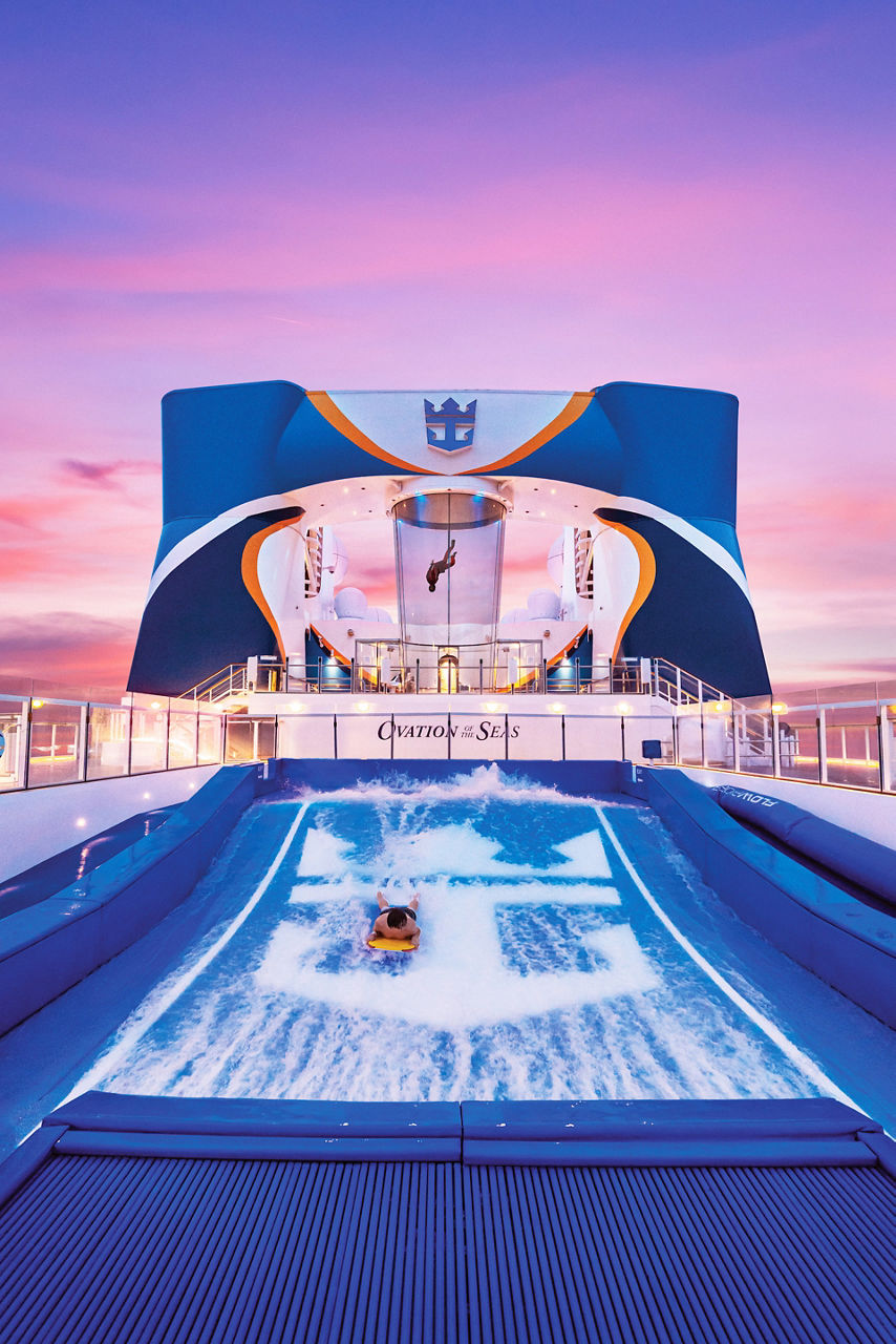 Man surfing in the FlowRider onboard Ovation of the Seas