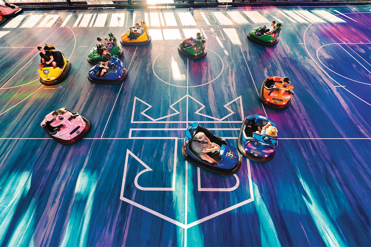 Overhead view of guests having fun in bumper cars