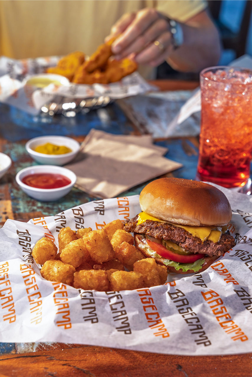 Smash Burger with tator tots and drink with chicken tenders