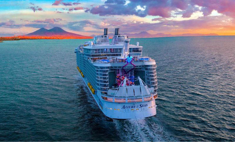 Aerial of Allure of the Seas rear view sunset