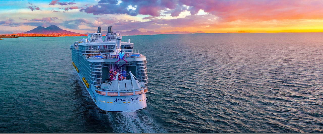 Aerial of Allure of the Seas rear view sunset