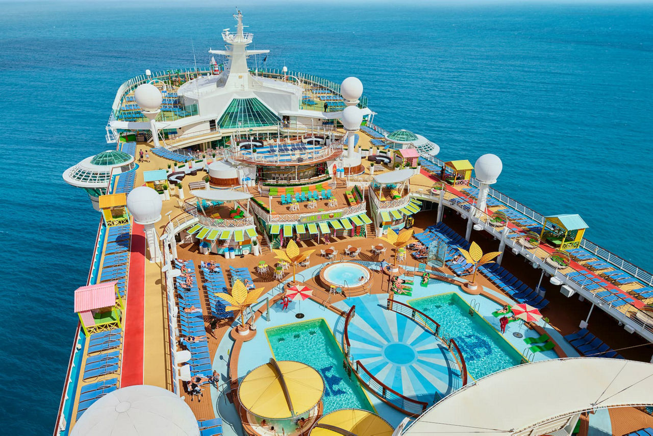 Aerial of the Freedom of the Seas pool and slides