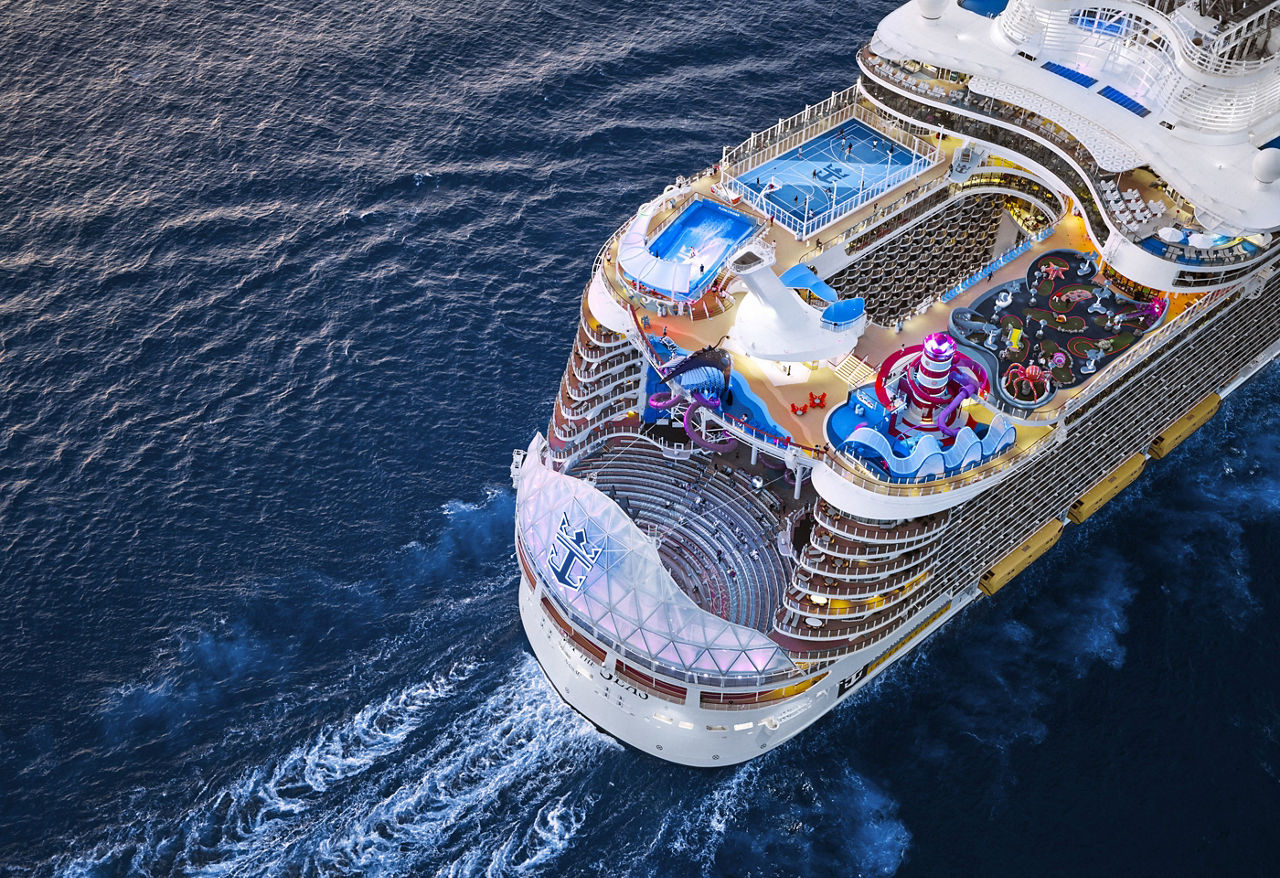 Utopia of the Seas Side view aerial shot