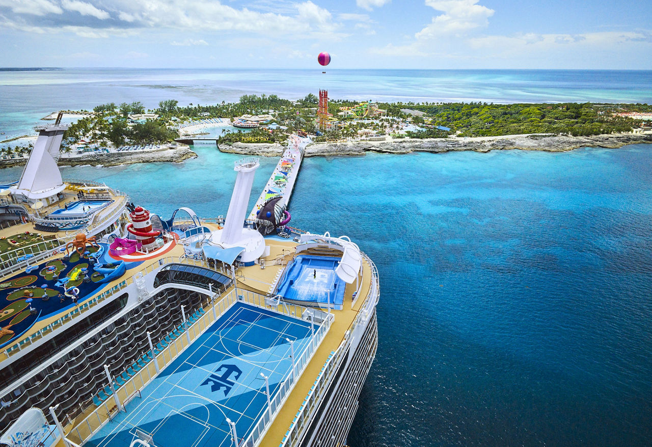 Aerial view of Utopia of the Seas and Allure of the seas docked at CocoCay, Bahamas