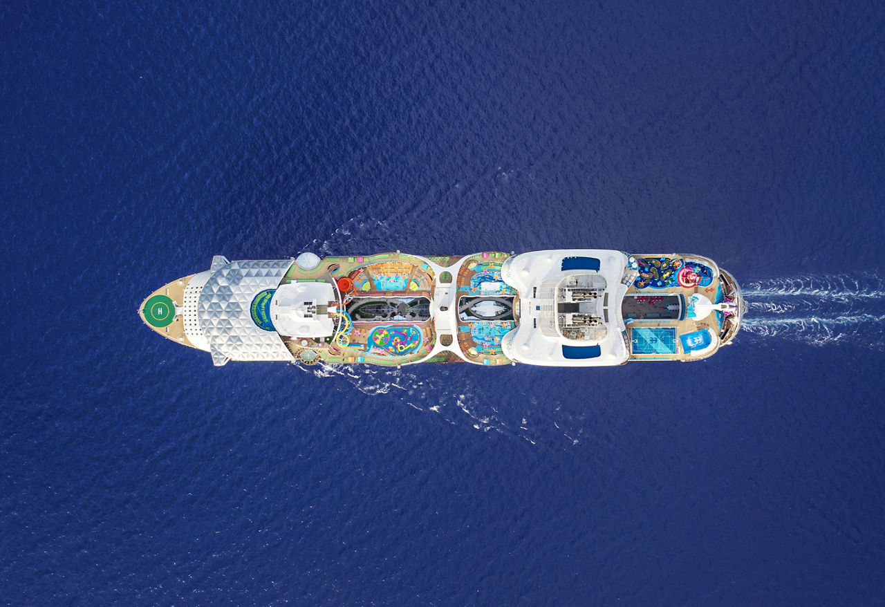 Utopia of the Seas aerial, deep blue water
