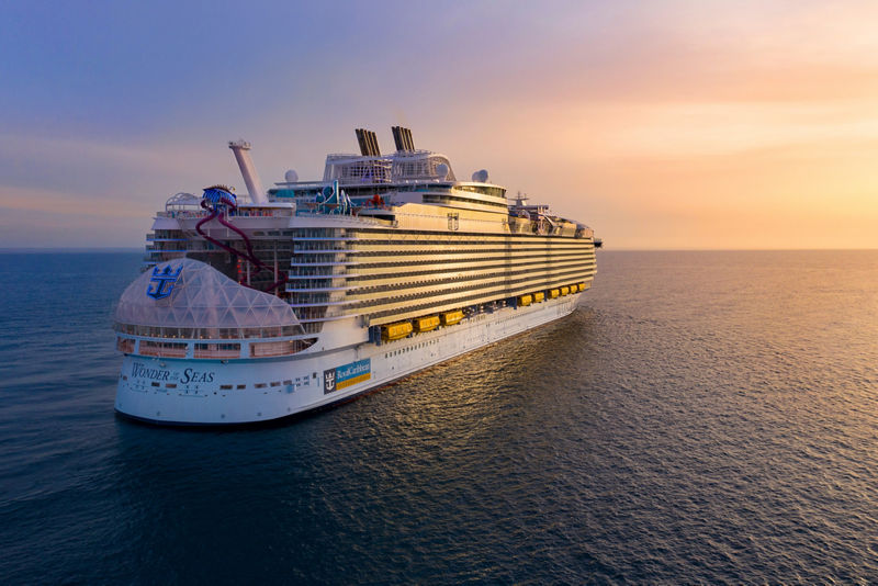 Wonder of the Seas at sea at sunset, seen from behind