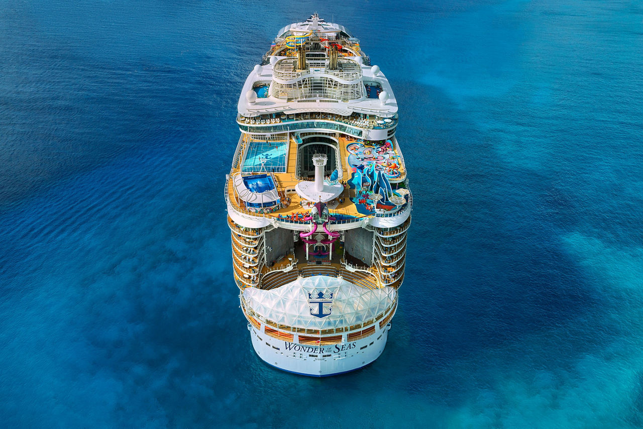 Wonder of the Seas, aerial, aft view of ship