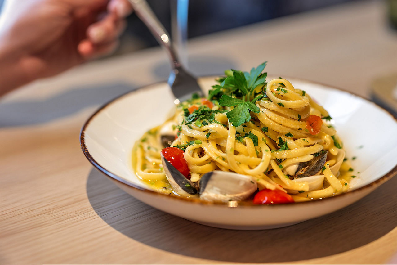 Seafood pasta and wine