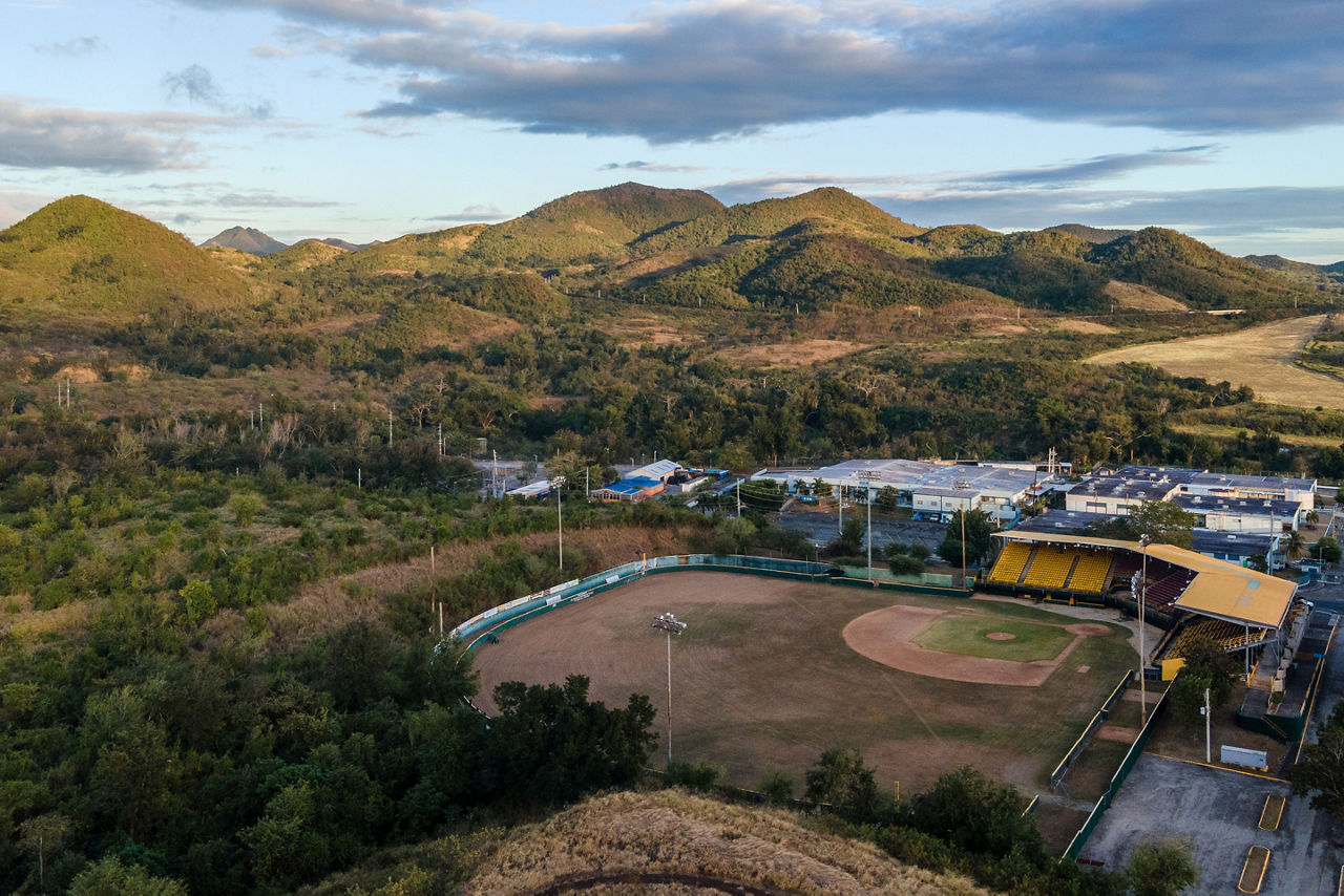 Aerial view of sunset at a baseball filed Puerto Rico. The Caribbean. The Caribbean