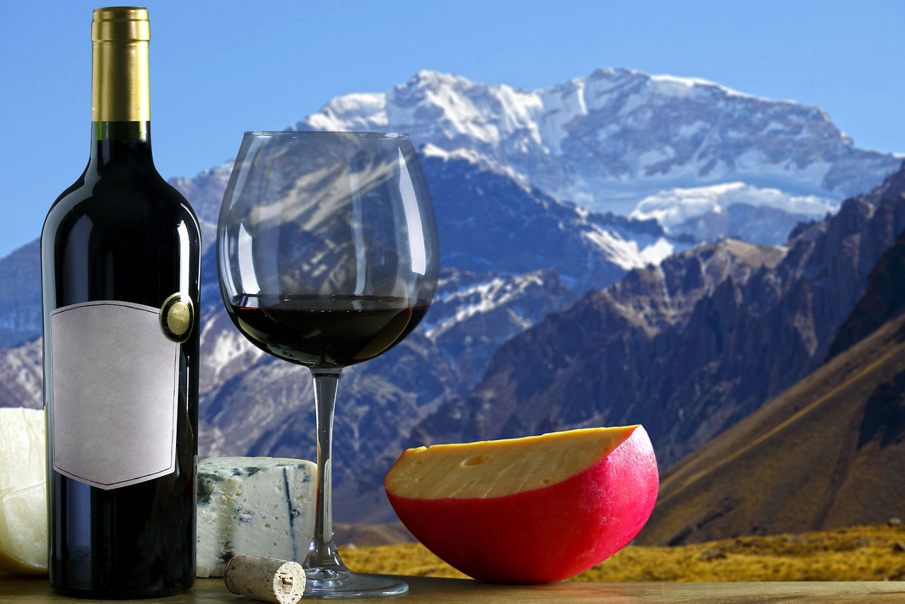 Argentine wine and cheese with mountain in the background. South America.