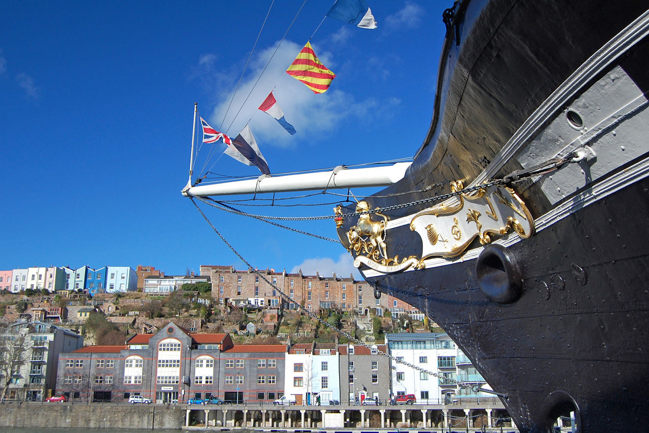 Bow view of the SS Great Britain which can do the Transatlantic Crossing in 14 days. Transatlantic.